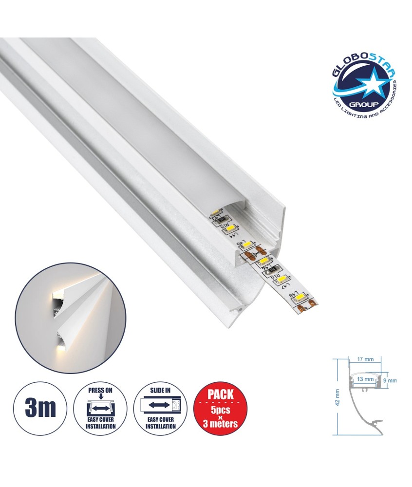 GloboStar® SURFACE-PROFILE 70858-3M Προφίλ Αλουμινίου - Βάση & Ψύκτρα Ταινίας LED με Λευκό Γαλακτερό Κάλυμμα - Επιφανειακή Χρήση Δημιουργίας Κρυφού Φωτισμού - Πατητό Κάλυμμα - Λευκό - 3 Μέτρα - Πακέτο 5 Τεμαχίων - Μ300 x Π1.7 x Υ4.2cm
